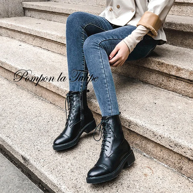 

YS 920040 High Quality Genuine Cow Leather Mid Calf Plush Pigskin Stylish Rome Motorcycle Lace Up 4cm Chunky Heel Women Boots