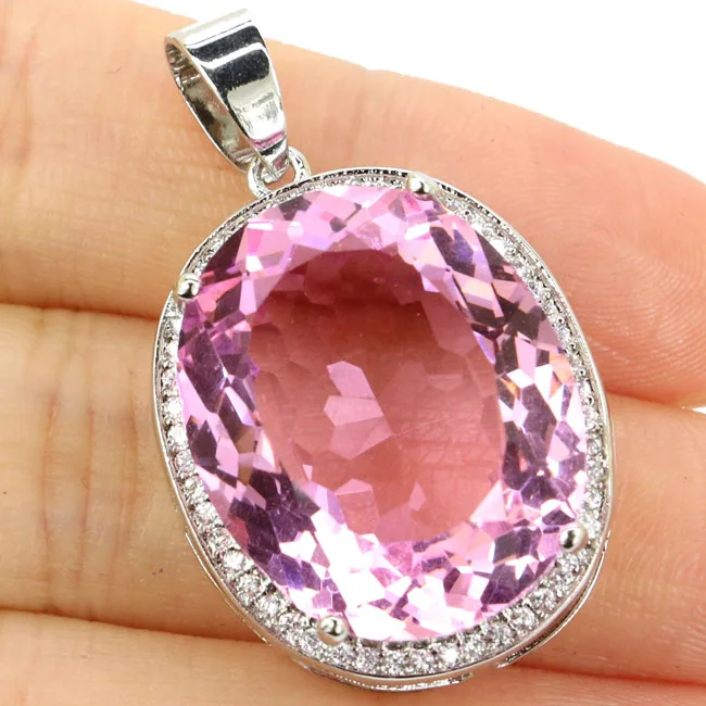 

BIg Oval Gemstone 22x18mm Pink Kunzite White CZ Woman's 925 Silver Pendant 25x20mm