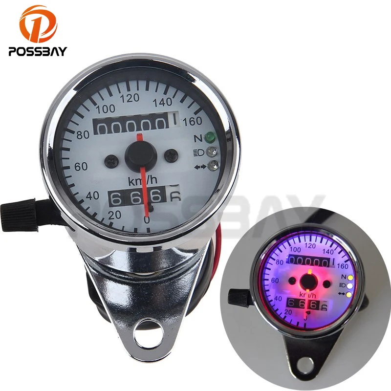 

POSSBAY Chrome Shell White Dial Universal Motorcycle Speedometer Odometer Gauge Backlight Dual Speed Meter With LED Indicator