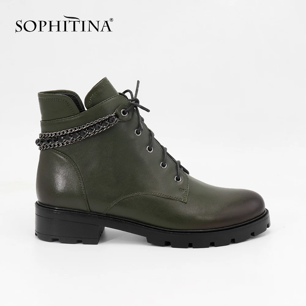 SOPHITINA Brand Ankle Boots Round Toe Quality Genuine Leather Wine Red Woman Shoes Fashion Chain Lace Up Low Heels Boots MC09