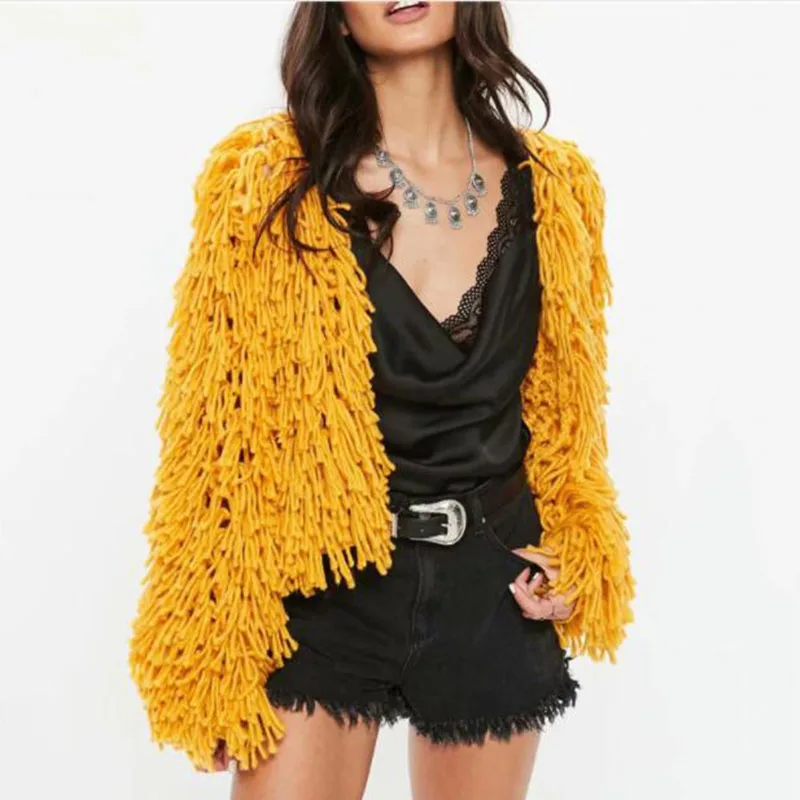

Chic Handmade Knitted Cardigan Tassels Crochet Hollow Sweater Coat Fringed Hook Jacket Long Sleeved Outwear Tops