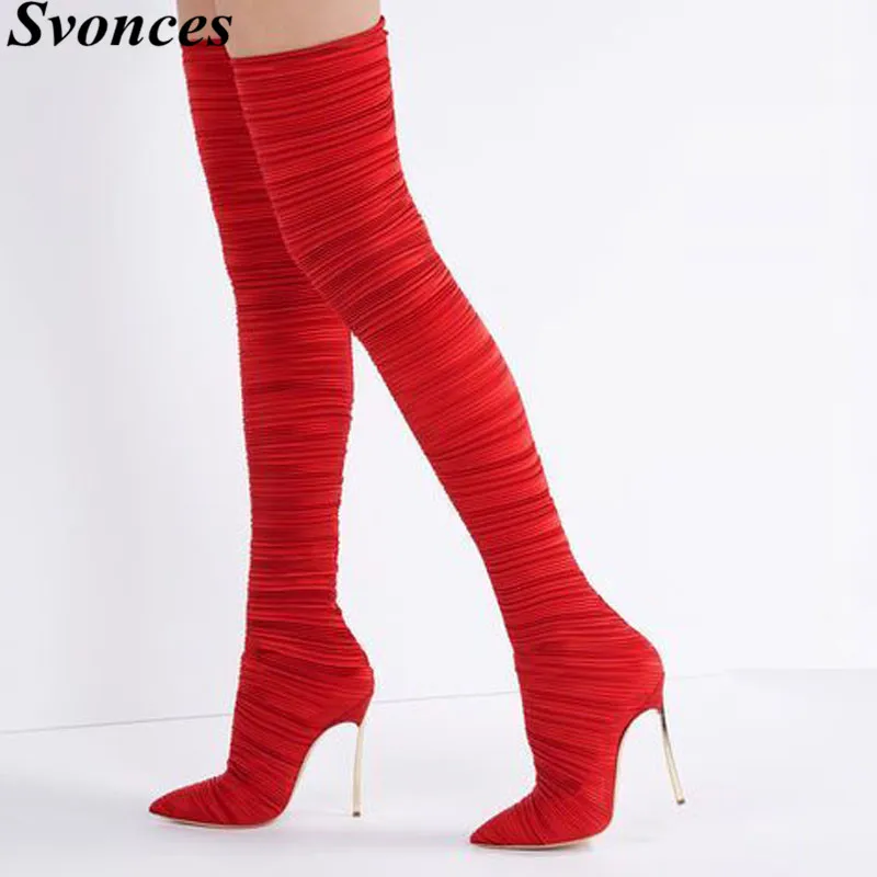 

New Designer Red Pleated Fabric Thigh High Boots Gold Metal Blade Heel Stretch Boots Pointed Toe Slim Over The Knee Boots Women