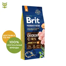 Корм Brit Premium by Nature Junior M для щенков средних пород, Курица, 15 кг