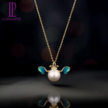 

LP Solid 18k Yellow Gold 8mm Natural Freshwater Pearl & Diamond & Blue Enamel Angel Wing Pendant For Women's Pearl Jewelry