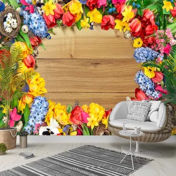 

Else Yellow Red Blue Flowers Frames on Wood 3d Photo Cleanable Fabric Mural Home Decor living Room Bedroom Background Wallpaper