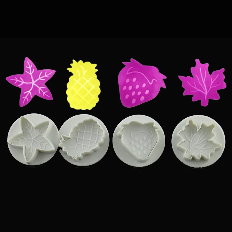 2017 4pcs leaves pineapple strawberry Fondant Plunger Molds Cookies