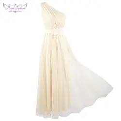 Ангел-мода женские Аппликации одно плечо Ruched бисером цветок А-силуэт длинный абрикосовый Свадебная вечеринка платье J-190123-S