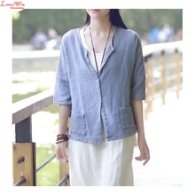 Soft Cotton Linen Artistic Loose Blouse Coat Loose Cardigans Shirt Summer Women Linen Casual Shirt Tops