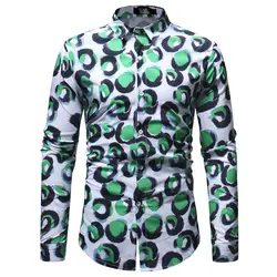 Ретро зеленый с леопардовым принтом Для мужчин рубашки модные классические Для мужчин рубашка с длинным рукавом Camisa социальной Masculina