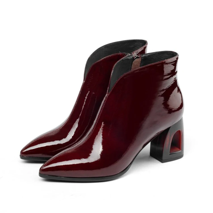MLJUESE/; женские ботильоны из лакированной коровьей кожи с острым носком; зимние теплые короткие плюшевые ботинки на меху; женские ботинки на высоком каблуке - Цвет: Wine red