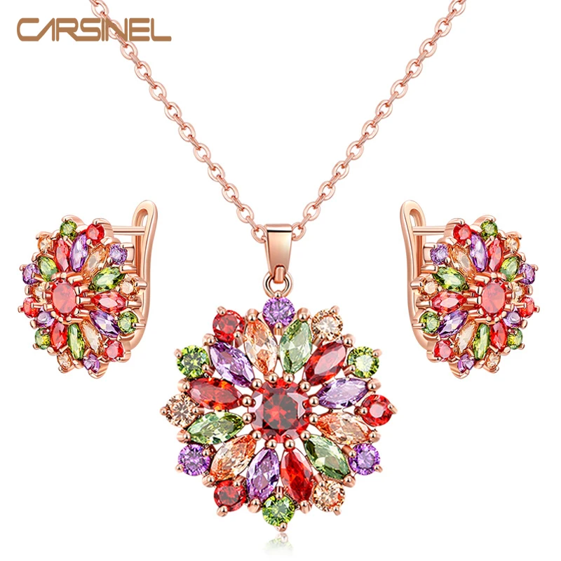 

CARSINEL Brand Luxury Rose Gold color Jewelry Set For Women Earrings & Necklace Colorful Flower Cubic Zircon Wedding Jewelry Set