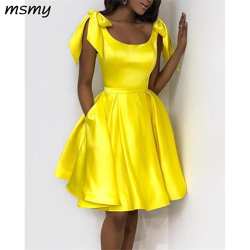 Elegant Bow Shoulders Ruffles Satin Homecoming Dresses 99