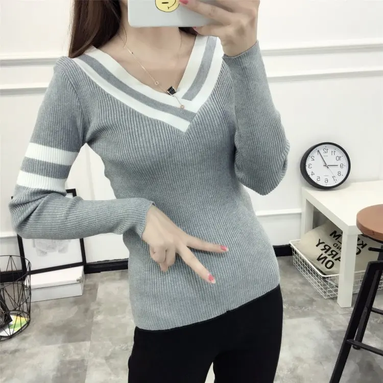 New Autumn Winter Woman's Sweater Bottoming Pullovers Slim Sweaters V Neck Sexy Long Sleeves Sweaters Black white Striped