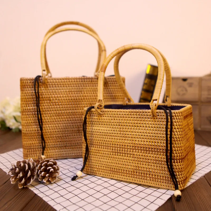 Women Straw Bags Female Summer Beach Weave Handbag Lady Handmade Bamboo Vintage Bag Portable Retro Lining Bag Tote SS3145 (1)