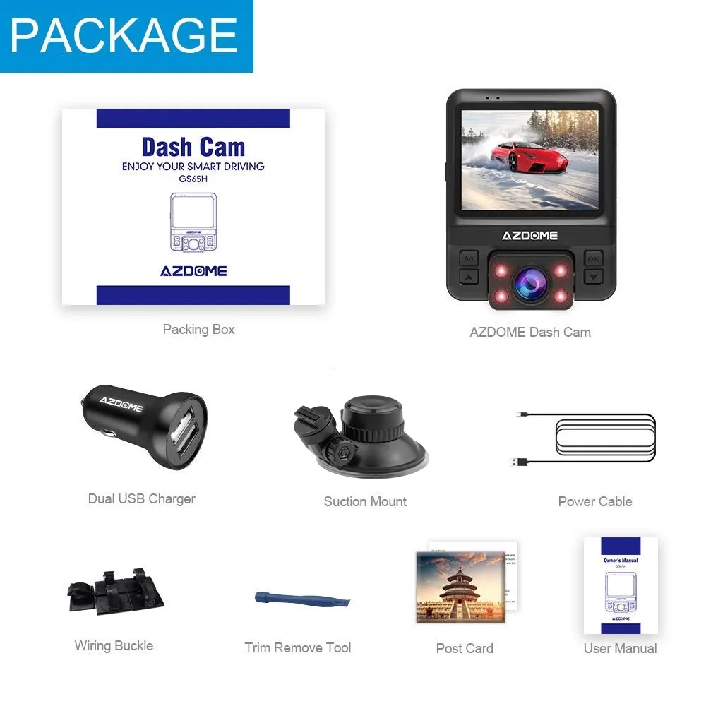 Автомобильный видеорегистратор AZDOME GS65H, мини видеорегистратор с двумя объективами, фронтальная камера Full HD 1080 P/задняя камера 720 P, автомобильная камера ночного видения, gps, для Uber Lyft, такси