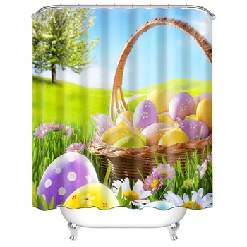 

Colorful Easter Eggs in Spring Spring Landscapes Nature with Green Grass and Daisy Drops of Dew on a Green Grass Shower Curtain