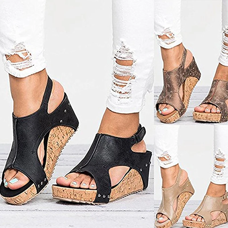 

Buzzyfuzzy 2018 Women's Sandals Peep Toe PU Belt Buckle Blocking Hook-Loop Fashion Wedges Sandals Summer Shoes