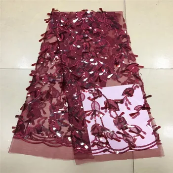 

3d lace fabric with beads 5yard fashion RED african lace fabric Sequins 2018 high quality 3d flower fabric for dress A1109-2