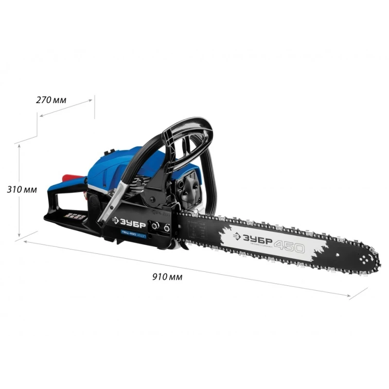 Пила цепная бензиновая ЗУБР ПРОФЕССИОНАЛ ПБЦ-490 45ДП (Мощность 2200 Вт, объем двигателя 49.3 см3, объем топливного бака 0.6 л, объем масляного бака 0.3 л, длина шины 450 мм)