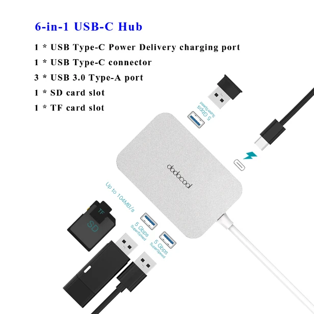 Dodocool USB-C концентратор из алюминиевого сплава с питанием типа C, 4K видео, HD выход, 3 сверхскоростных порта USB 3,0, концентратор для MacBook Pro - Цвет: 6-in-1 USB C Hub