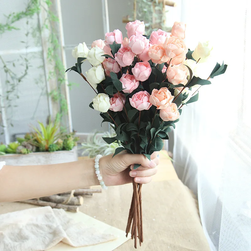 1PC Artificial PE Rose Flowers for Xmas New Year Home Table Decor Wedding Party Birthday Decoration 40cm 6 Heads Fake Plants