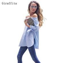 Giraffita 2017 Elegant Bow Blue Off Shoulder Female Blouse Shirt Sexy Summer Girls White Blouse Women Tops Striped Blusas