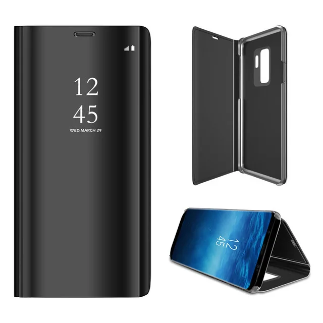 Сенсорный флип-чехол-подставка для samsung Galaxy S9 S9Plus plus Note 5 8 S8 S7 S7 s6 Edge Роскошный прозрачный зеркальный кожаный чехол для телефона s - Цвет: black