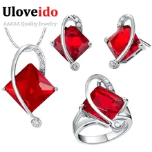 Uloveido женский свадебный ювелирный набор серебряного цвета красные синие прозрачные стразы ожерелье серьги кольцо Ювелирные наборы 49% скидка T295