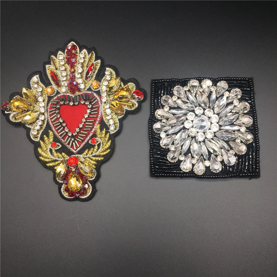 

Handmade Rhinestone beaded & Crystal Patches, heart square embroideried Sew on pearl patch for clothes beaded Applique patch