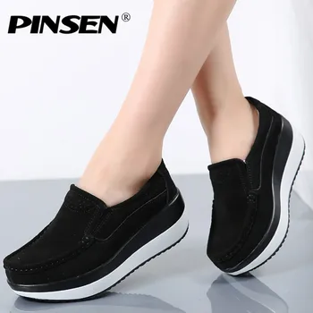 

PINSEN Women Flat Platform Loafers Ladies Elegant Suede Leather Moccasins Shoes Woman Slip On Moccasin Women's blue Casual Shoes