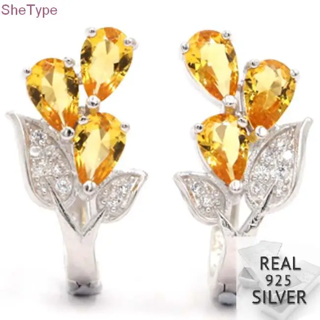 SheType 5.0 Elegant Golden Citrine Flower White CZ Gift Girls 925 Solid Sterling Silver Earrings 20x11mm