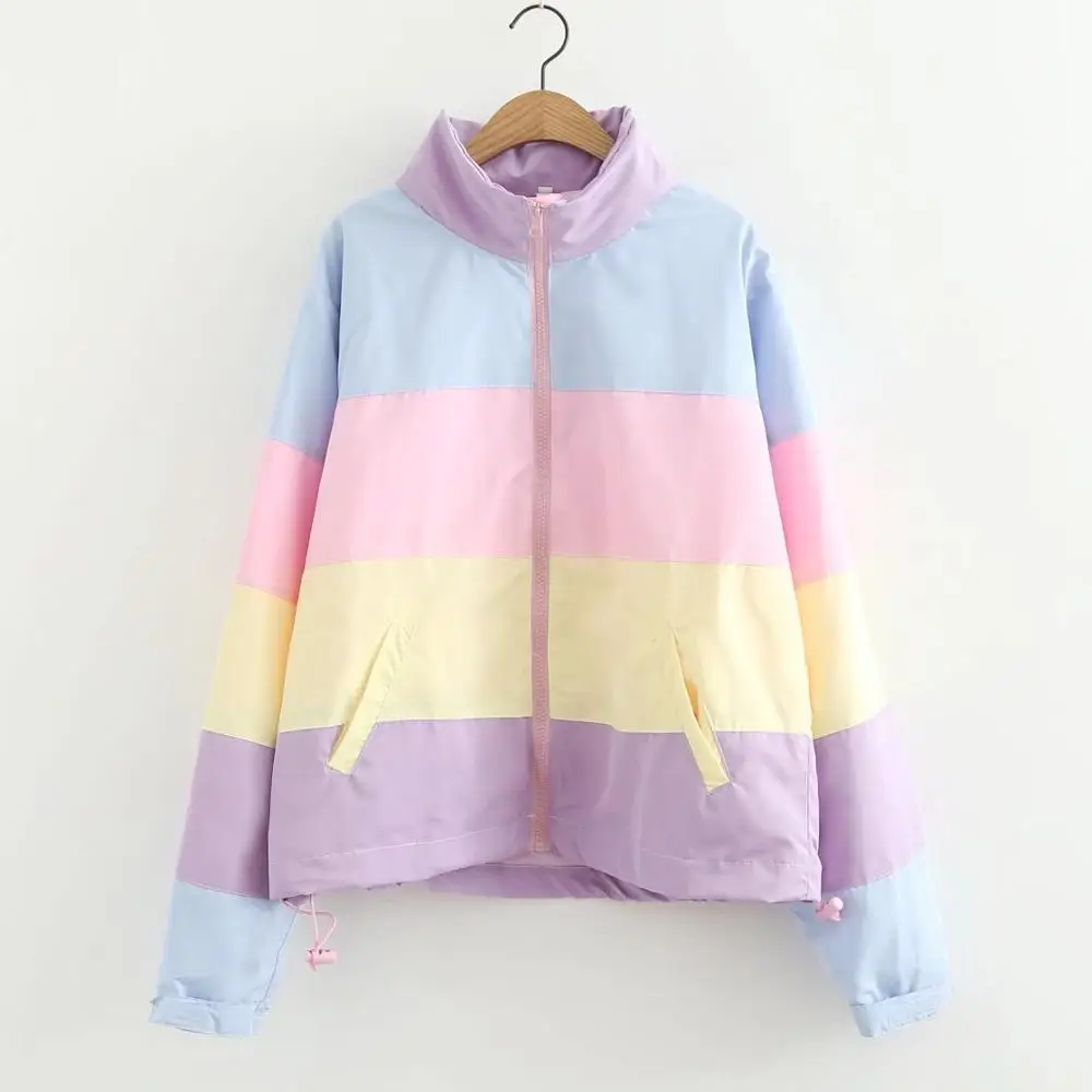

Japanese Soft Fresh Rainbow Loose Jacket Thin Section for Spring Jacket 2019 Pastel Color Windbreaker Jacket Harajuku
