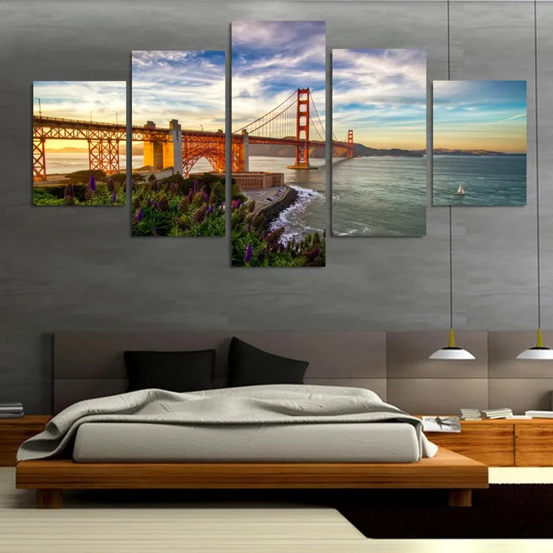 

Decor Framework One Set Wall Art Home Decor Canvas Paintings 5 Pieces Golden Gate Bridge Photo Poster Living Room Prints Picture