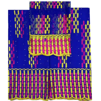 

7Yards India Bazin Riche Getzner Lace Fabric 2018 With Blouse Blue Color stones Gold Line Embroidered Lace Basin Fabric JA104-1