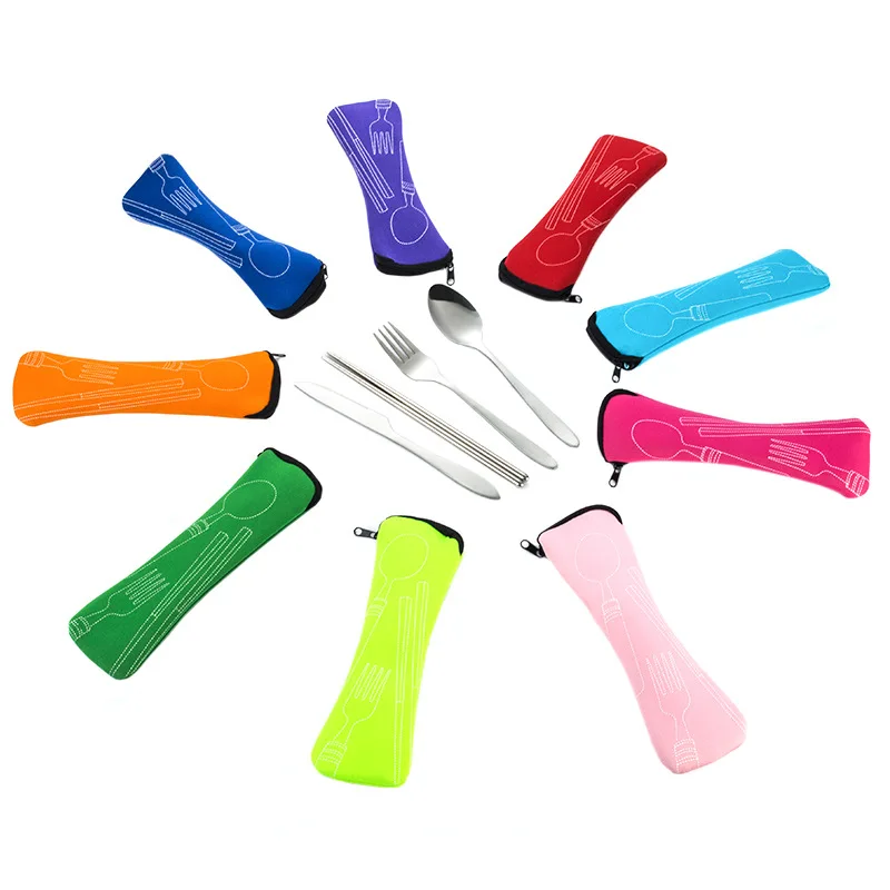 4 unids/set de acero inoxidable tenedor cuchara palillos de viaje al aire libre Camping cubiertos herramientas portátil de acero inoxidable vajilla 9 colores