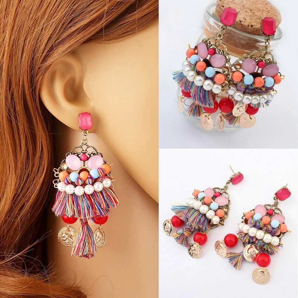 Women Multilayer Tassel Faux Pearl Long Dangle Statement Earrings Boho Ear Studs | Украшения и аксессуары