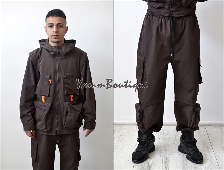 Наборы мужской модный съемный жилет карго с карманами военная куртка и свободная посадка эластичная поясная пряжка брюки хип хоп