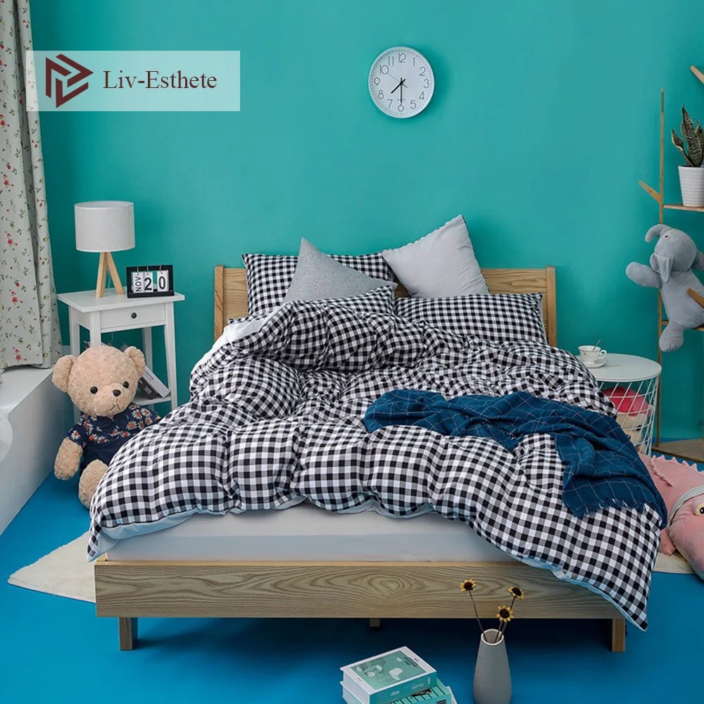 

Liv-Esthete Modern Bedding Set Grid Bedspread Double Queen King Bed Linens Duvet Cover Set Flat Sheet Single Nordic 150 Decor