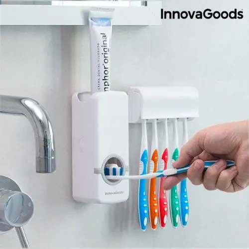 InnovaGoods диспенсер для зубной пасты с держателем для кистей практичный и удобный органайзер для 5 кистей способствует гигиены полости рта легко использовать - изображение