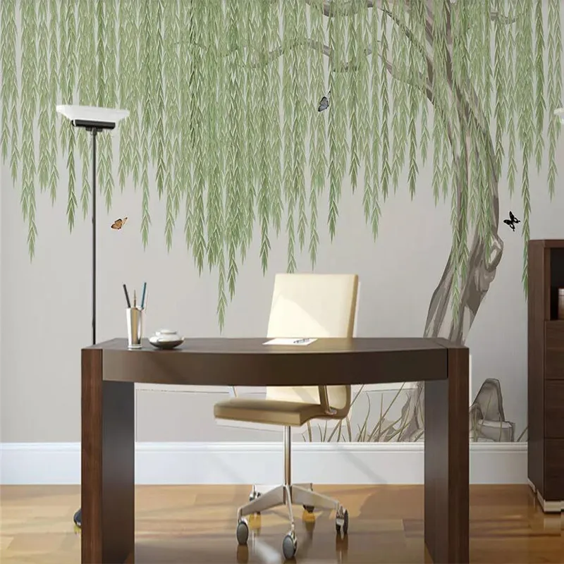 

HD hand-painted warm spring green wall background professional production murals, wallpaper wholesale, custom poster photo wall
