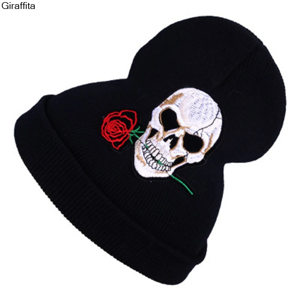 

Warm Wool Winter Hat Women Hats Girls Skull And Red Rose Cap Autumn Winter Fashion Beanies Casual Knitted Caps