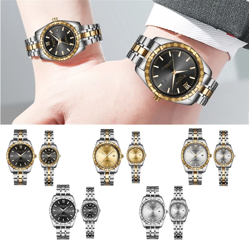 

Luminous Couple Watch Waterproof Ultra Thin Analog Wristwatch Stainless Steel Band Lovers Quartz Watch with Calendar Display 45