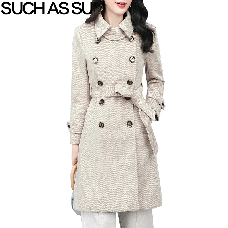 

New 2018 Fashion Woolen Coats Womens 5 Color A Line Double Breasted Striped Fall Winter Long Coats M-3XL Plus Size Coat Female