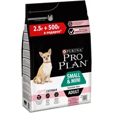 Сухой корм Pro Plan для взрослых собак мелких и карликовых пород с чувствительной кожей с комплексом OPTIDERMA® с лососем и рисом, 4 уп х 2,5+0,5 кг