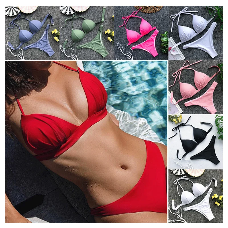 

Swimsuit Women Bikini 2019 Mujer Push Up Bikini Set Halter Black Swimsuits Two Pieces Swim Set Red Swimwear Women Bathing Suit