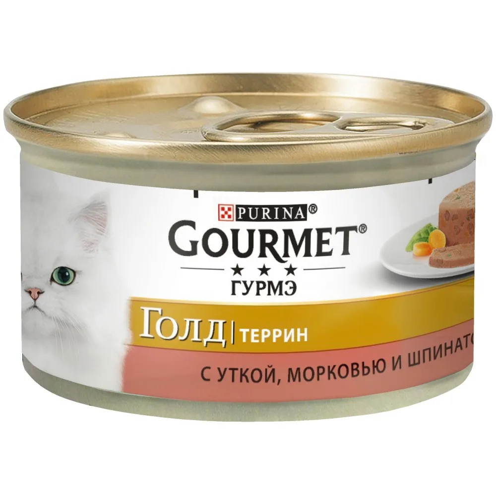 Влажный корм Gourmet® Гурмэ Голд Террин(кусочки в паштете) для кошек с уткой, морковью и шпинатом по-французски, Банка, 24х85 г