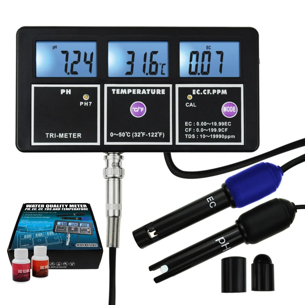 

5-in-1 Multi-parameter PH EC CF TDS (ppm) Temperature Test Water Quality Meter Backlight, Wall-mountable Rechargeable Tester