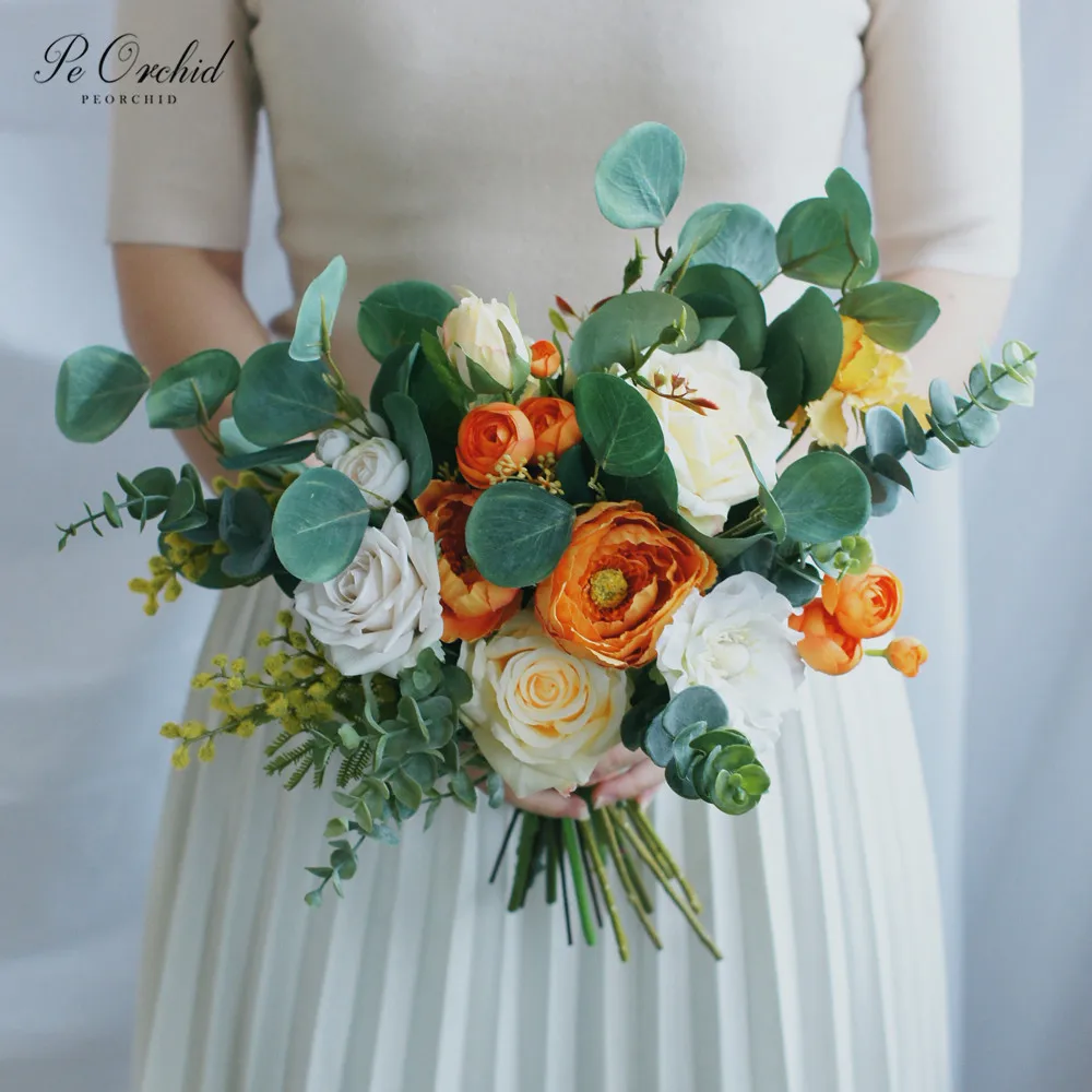 

PEORCHID Beautiful Orange And White Wedding Bouquet Bohemian Chic Green Eucalyptus Bouquet Mariee Bridal Flowers Bouquet 2019
