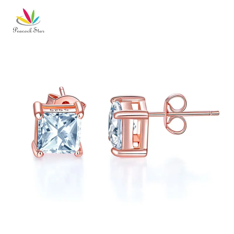

Peacock Star 1 Carat Stud Solid 925 Sterling Silver Earrings Rose Gold Color Jewelry Princess Cut Created Diamante CFE8153
