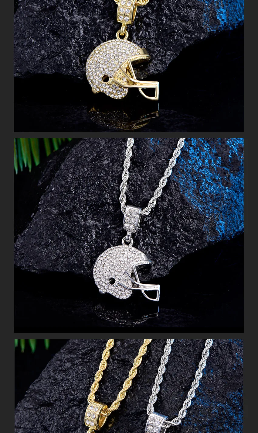 Rugby Helmet Pendant Sport Style For Men Iced Out Chain Shining Crystal Gold/Silver Charm Football Necklace Pendant NFL Helmet